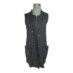 Women’s Cardigan LeShop Black Long Vest Cotton Zip Front Vest Sleeveless Jacket